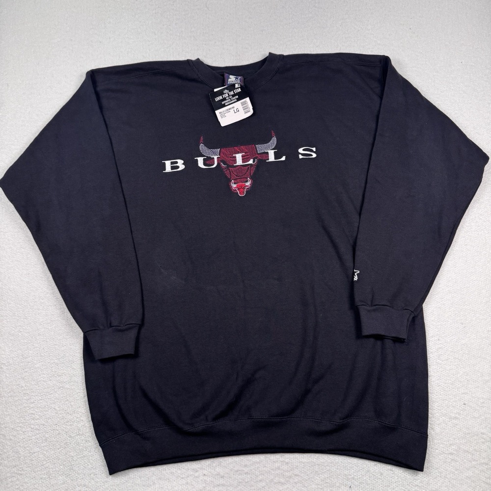 VTG Starter Chicago‎ Bulls Sweatshirt Large Black Crewneck NBA 90s USA New *Flaw